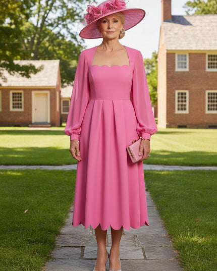 Mother of the Bride & Groom Dress Square Neck Pleats Satin