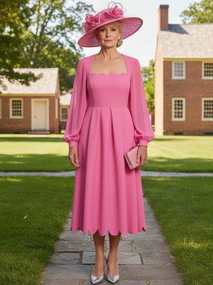 Mother of the Bride & Groom Dress Square Neck Pleats Satin