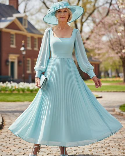 Mother of the Bride & Groom Dress Square Neck Pleats Chiffon