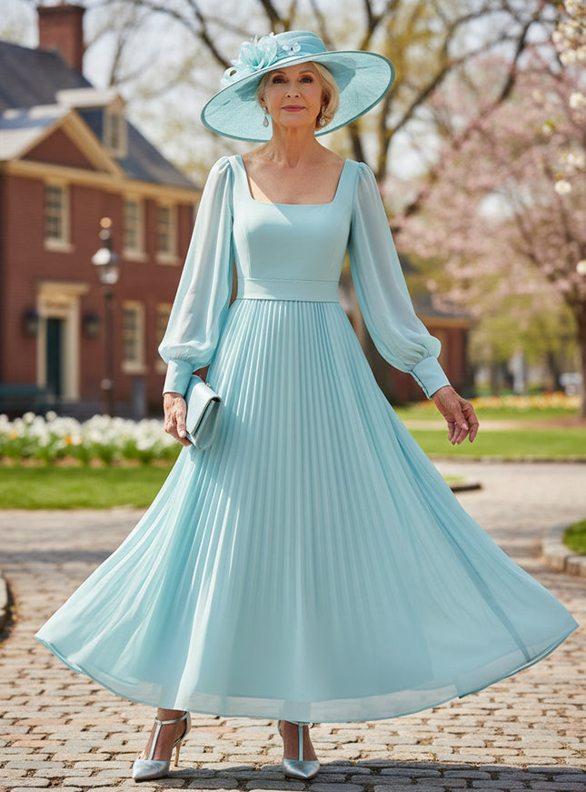 Mother of the Bride & Groom Dress Square Neck Pleats Chiffon