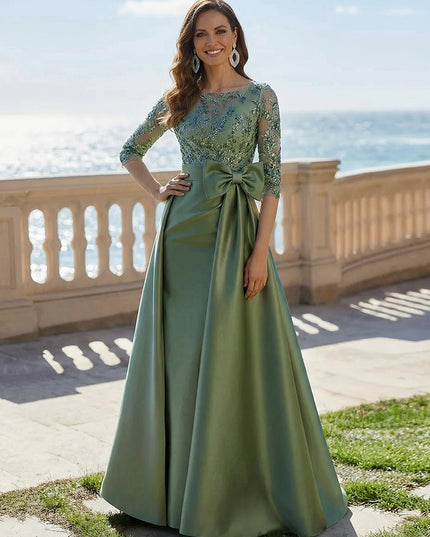 Mother of the Bride & Groom Dress Wedding Guest Gown A Line Corset Scoop Neck Satin Laces