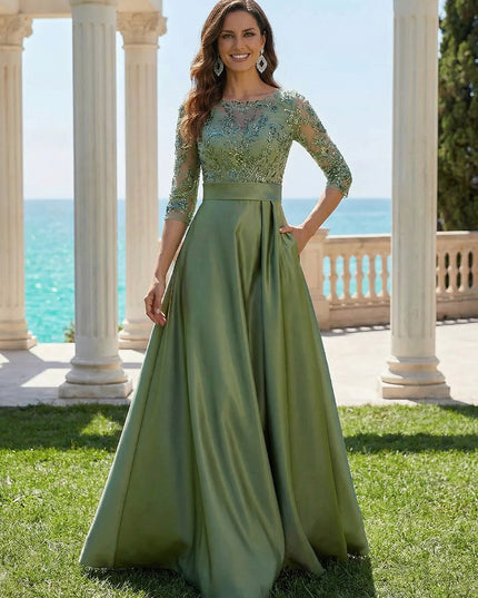 Mother of the Bride & Groom Dress Wedding Guest Gown A Line Corset Scoop Neck Satin Laces