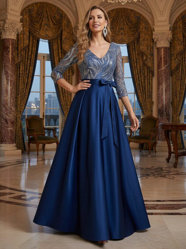 Mother of the Bride & Groom Dress Formal Gown A Line Corset V Neck Satin