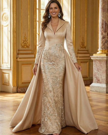 Mother of the Bride & Groom Dress Formal Gown Corset V Neck Layered Satin