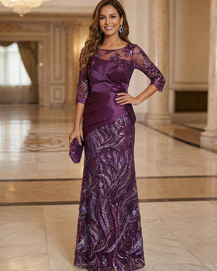 Mother of the Bride & Groom Dress Sheath Illusion Long Sleeves with Floral Sequin Embroidery