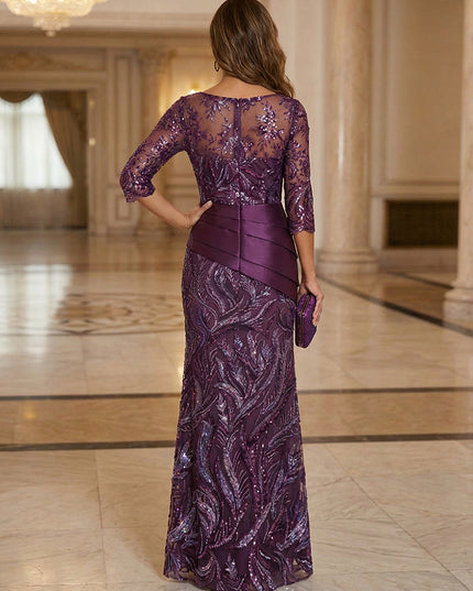 Mother of the Bride & Groom Dress Sheath Illusion Long Sleeves with Floral Sequin Embroidery