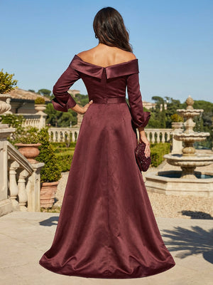 Mother of the Bride & Groom Dress Off Shoulder Long Sleeves A-Line Satin Ball Gown with Slit