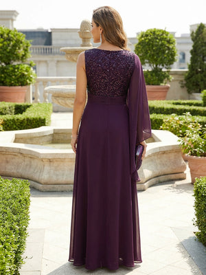 Mother of the Bride & Groom Dress Asymmetrical Cape Sleeve Chiffon A-Line Maxi Gown with Sequin Embroidery
