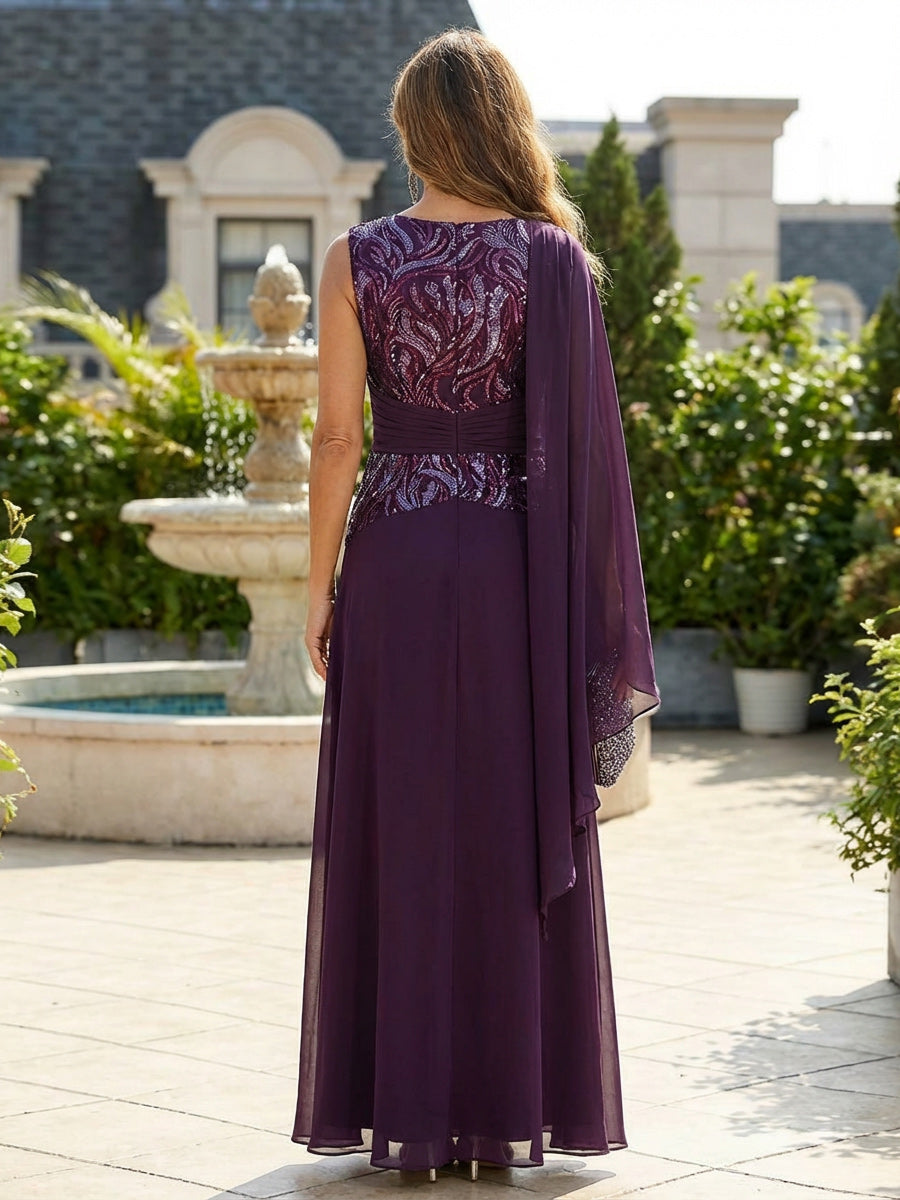 Mother of the Bride & Groom Dress Asymmetrical Cape Sleeve Chiffon A-Line Maxi Gown with Floral Sequin Embroidery
