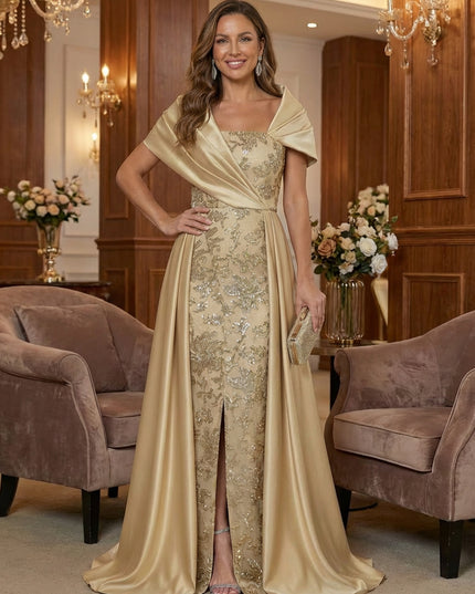 Mother of the Bride & Groom Dress Satin A-Line Asymmetrical Draped Sleeves Maxi Gown with Sequin Embroidery & Front Slit