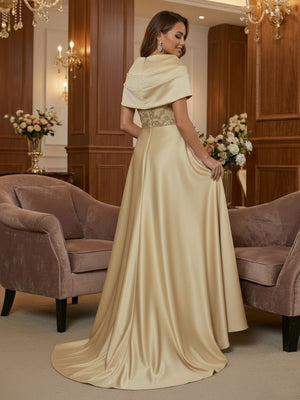 Mother of the Bride & Groom Dress Satin A-Line Asymmetrical Draped Sleeves Maxi Gown with Sequin Embroidery & Front Slit