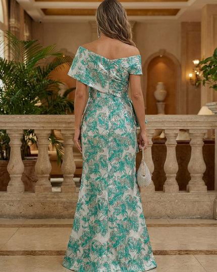 Mother of the Bride & Groom Dress Floral Jacquard Sheath Maxi Gown with Asymmetrical Short Sleeves, Draped Bow & Rhinestones