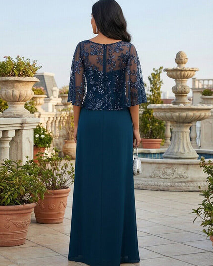 Mother of the Bride & Groom Dress Sheer Capelet Sleeves Floral A-Line Maxi Gown with Sequin Embroidery & Front Slit