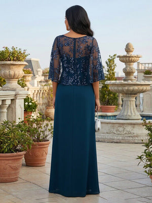 Mother of the Bride & Groom Dress Sheer Capelet Sleeves Floral A-Line Maxi Gown with Sequin Embroidery & Front Slit