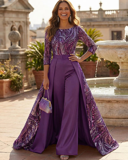 Mother of the Bride & Groom Jumpsuit Satin 3/4 Sleeves Long Formal Evening Gown with Floral Sequin Embroidery