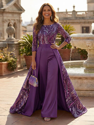 Mother of the Bride & Groom Jumpsuit Satin 3/4 Sleeves Long Formal Evening Gown with Floral Sequin Embroidery