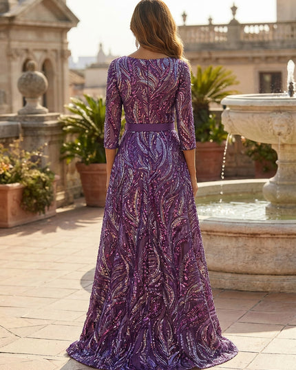 Mother of the Bride & Groom Jumpsuit Satin 3/4 Sleeves Long Formal Evening Gown with Floral Sequin Embroidery