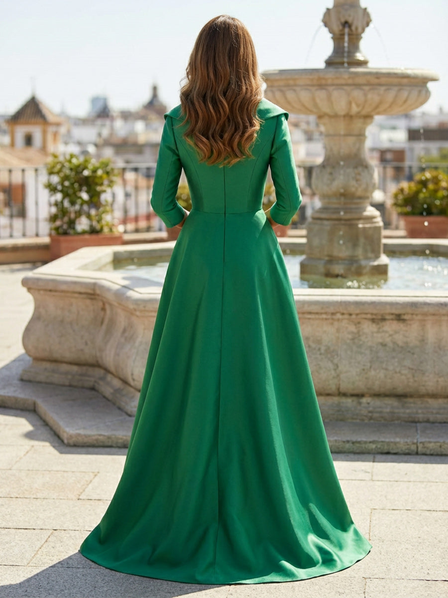 Mother of the Bride & Groom Dresses Mermaid Satin with 3/4 Sleeves, Satin Sweep Train & Sequin Embroidery