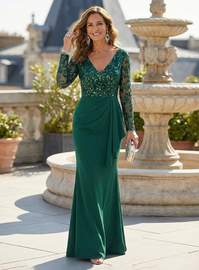 Sheath Mother of the Bride & Groom Dresses with Long Sheer Sleeves & Sequin Embroidery