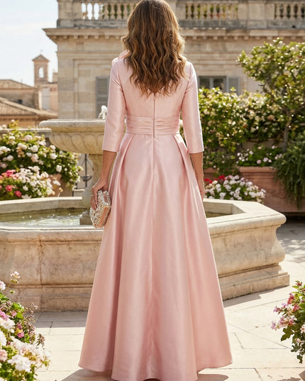 A-Line Satin Mother of the Bride & Groom Dresses with 3/4 Sleeves & Floral Applique