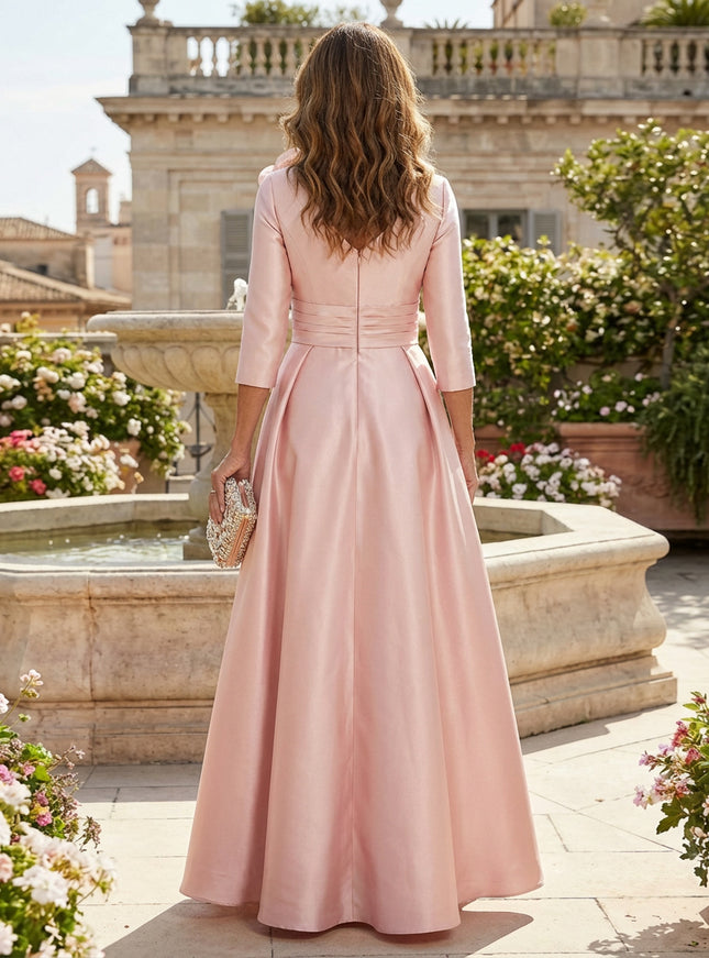A-Line Satin Mother of the Bride & Groom Dresses with 3/4 Sleeves & Floral Applique