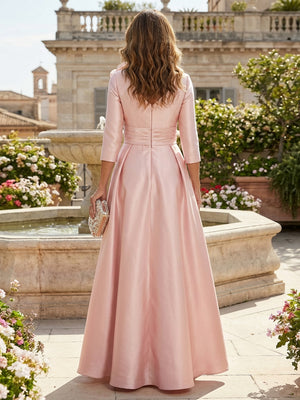 A-Line Satin Mother of the Bride & Groom Dresses with 3/4 Sleeves & Floral Applique
