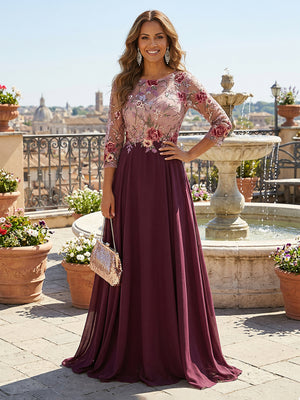 A Line Chiffon Mother of the Bride & Groom Dresses with Sleeves & Lace Appliques