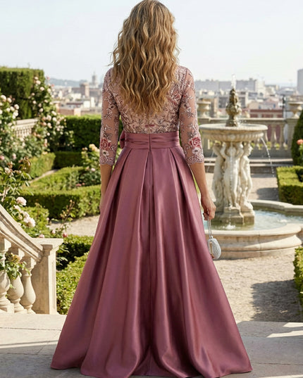 Lace Appliques Bow Satin V Neck Mother of the Bride Dresses with Slit