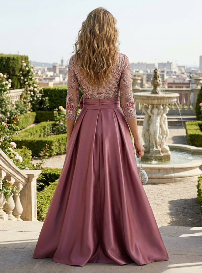 Lace Appliques Bow Satin V Neck Mother of the Bride Dresses with Slit