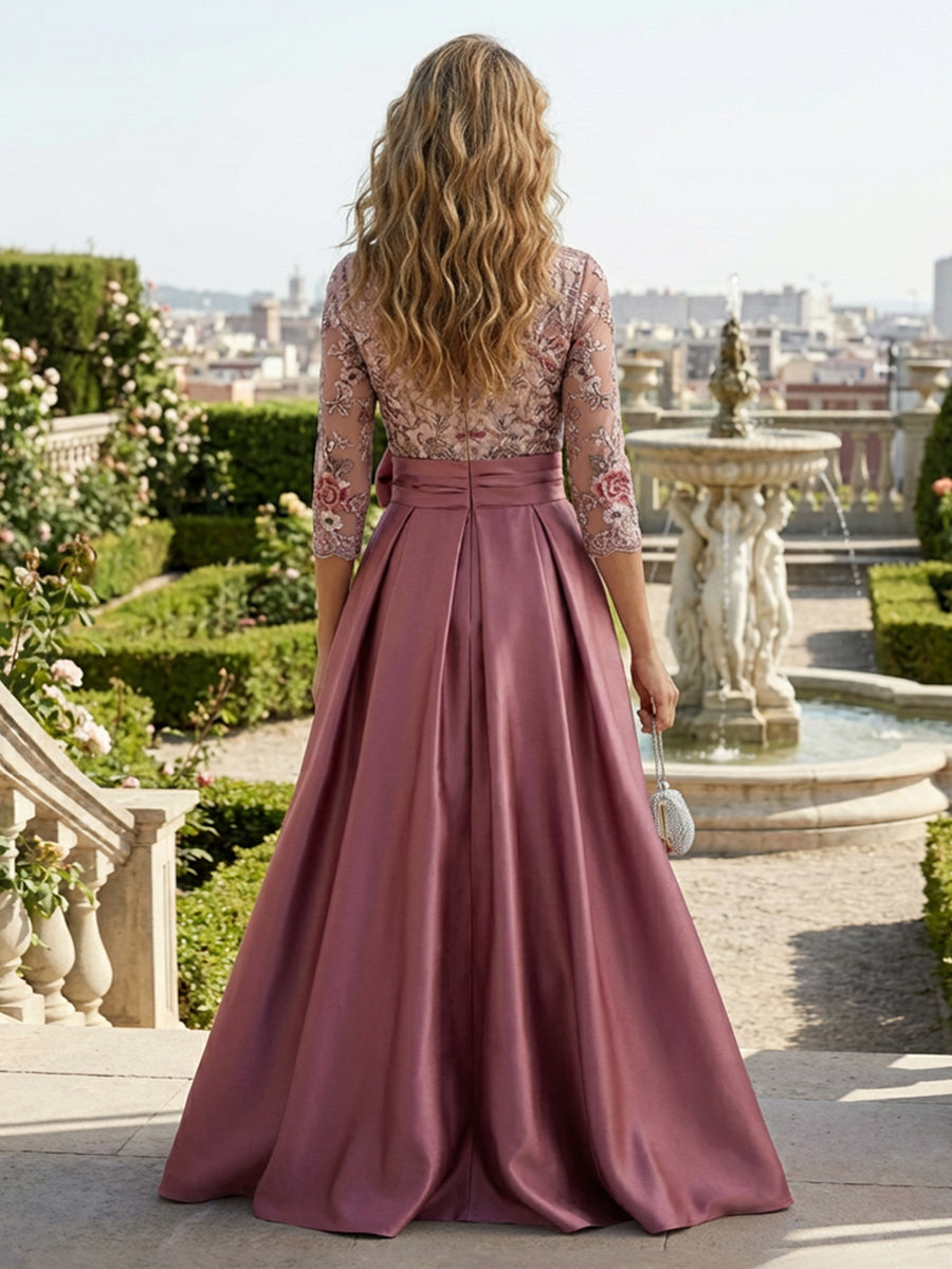 Lace Appliques Bow Satin V Neck Mother of the Bride Dresses with Slit