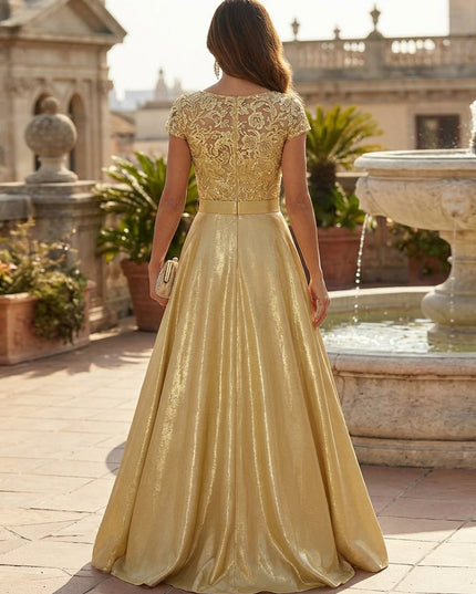 Lace Appliques Satin Round Neck A Line Mother of the Bride Dresses