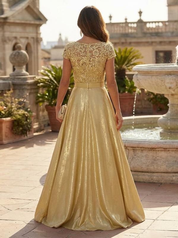 Lace Appliques Satin Round Neck A Line Mother of the Bride Dresses