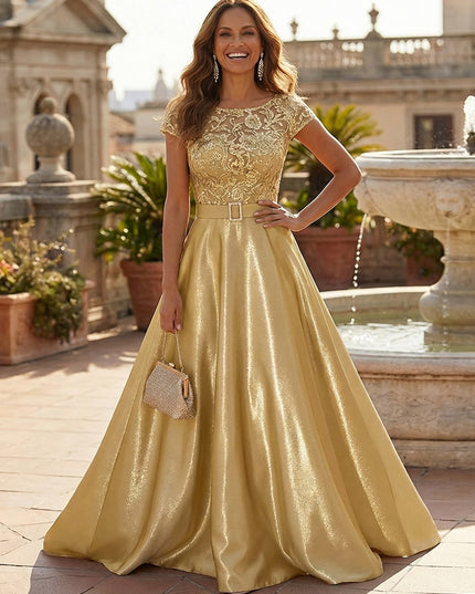 Lace Appliques Satin Round Neck A Line Mother of the Bride Dresses