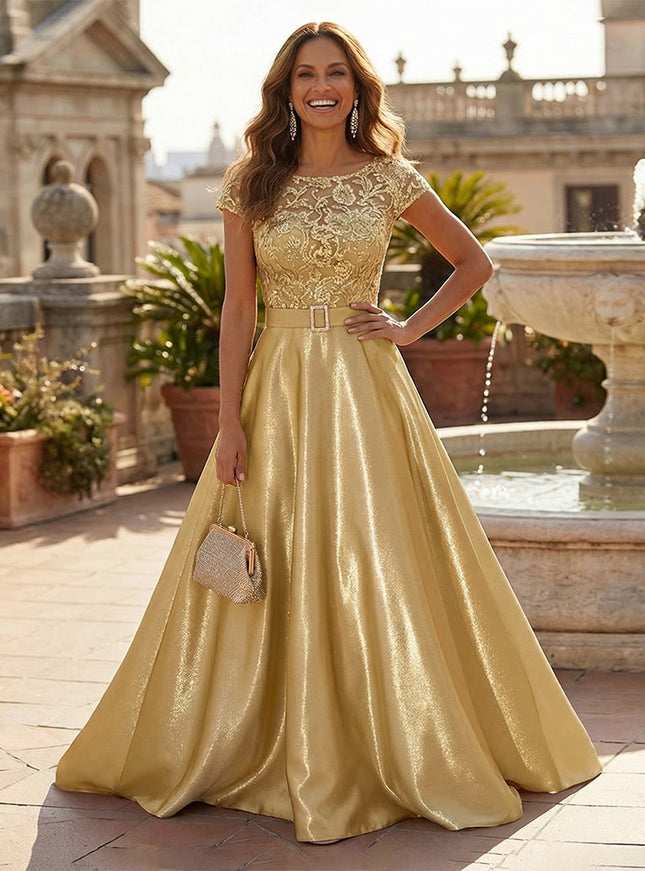 Lace Appliques Satin Round Neck A Line Mother of the Bride Dresses