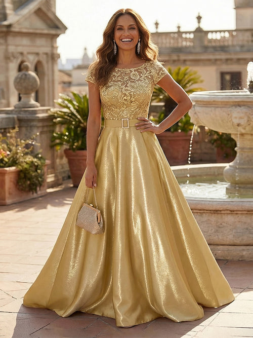 Lace Appliques Satin Round Neck A Line Mother of the Bride Dresses