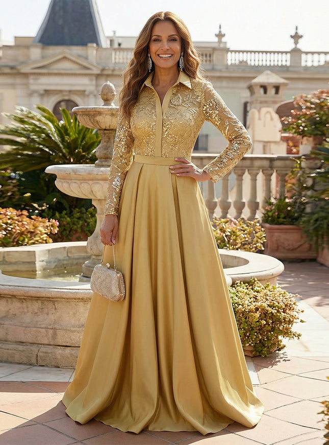 Lace Appliques Satin V Neck A Line Mother of the Bride Dresses