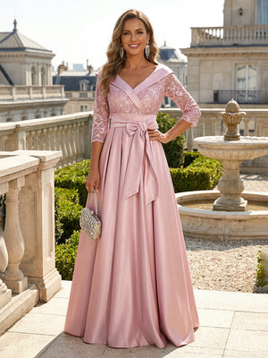 Mother of the Bride & Groom Dress V Neck A Line Corset Pleats Bow Satin