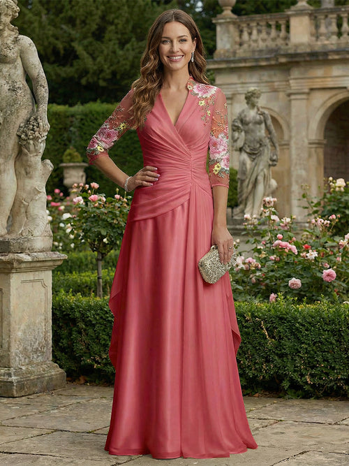 Chiffon A Line V Neck Floor Length Mother of the Bride Dresses