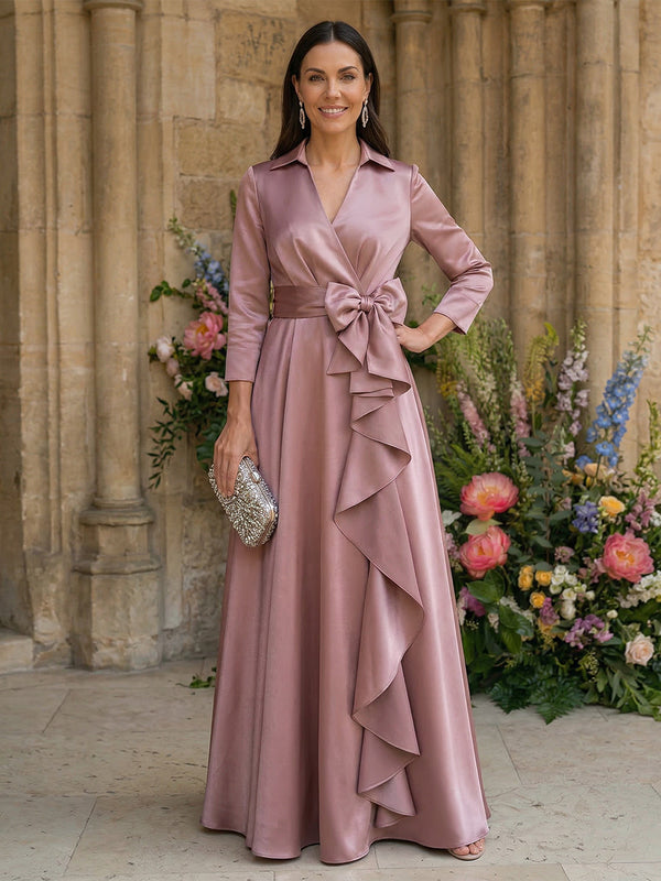 Satin A Line V Neck Floor Length Mother of the Bride Dresses