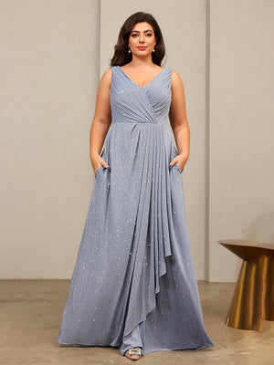 Glitter Tulle A Line V Neck Floor Length Mother of the Bride Dresses