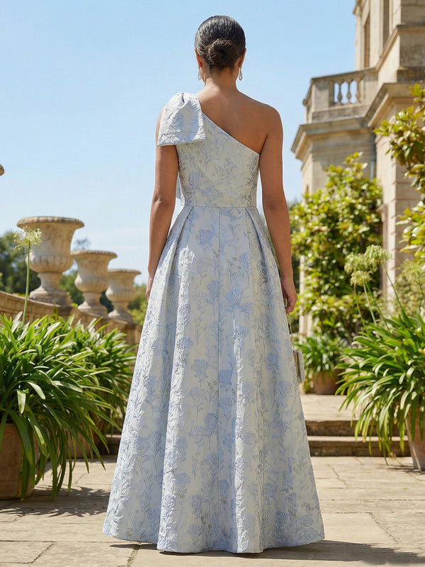 Jacquard One Shoulder Ruffles Bow Formal Dresses with Slit