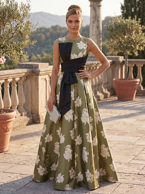 Floral Print A Line Scoop Neck Bow Ruched Mother of the Bride Dresses