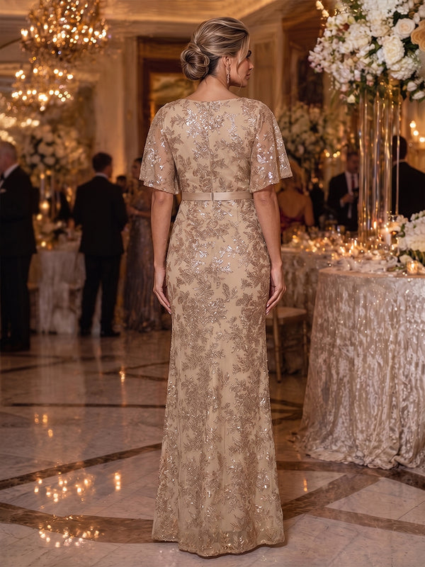 Sequin Floral Mermaid V Neck Glitter Ruched Mother of the Bride Dresses