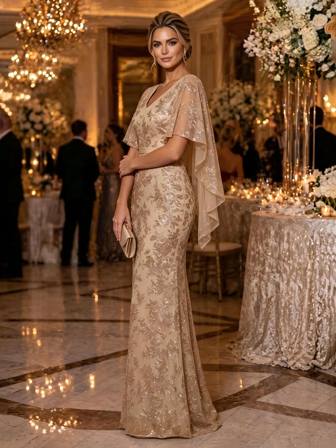 Sequin Floral Mermaid V Neck Glitter Ruched Mother of the Bride Dresses