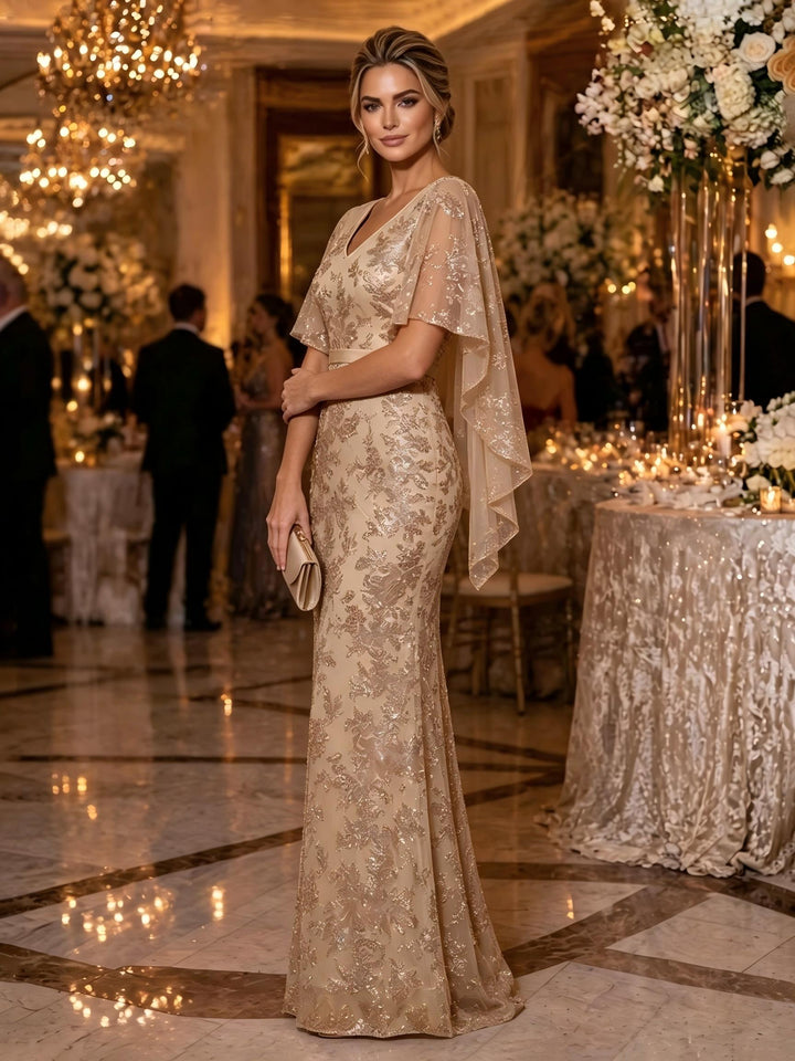 Sequin Floral Mermaid V Neck Glitter Ruched Mother of the Bride Dresses