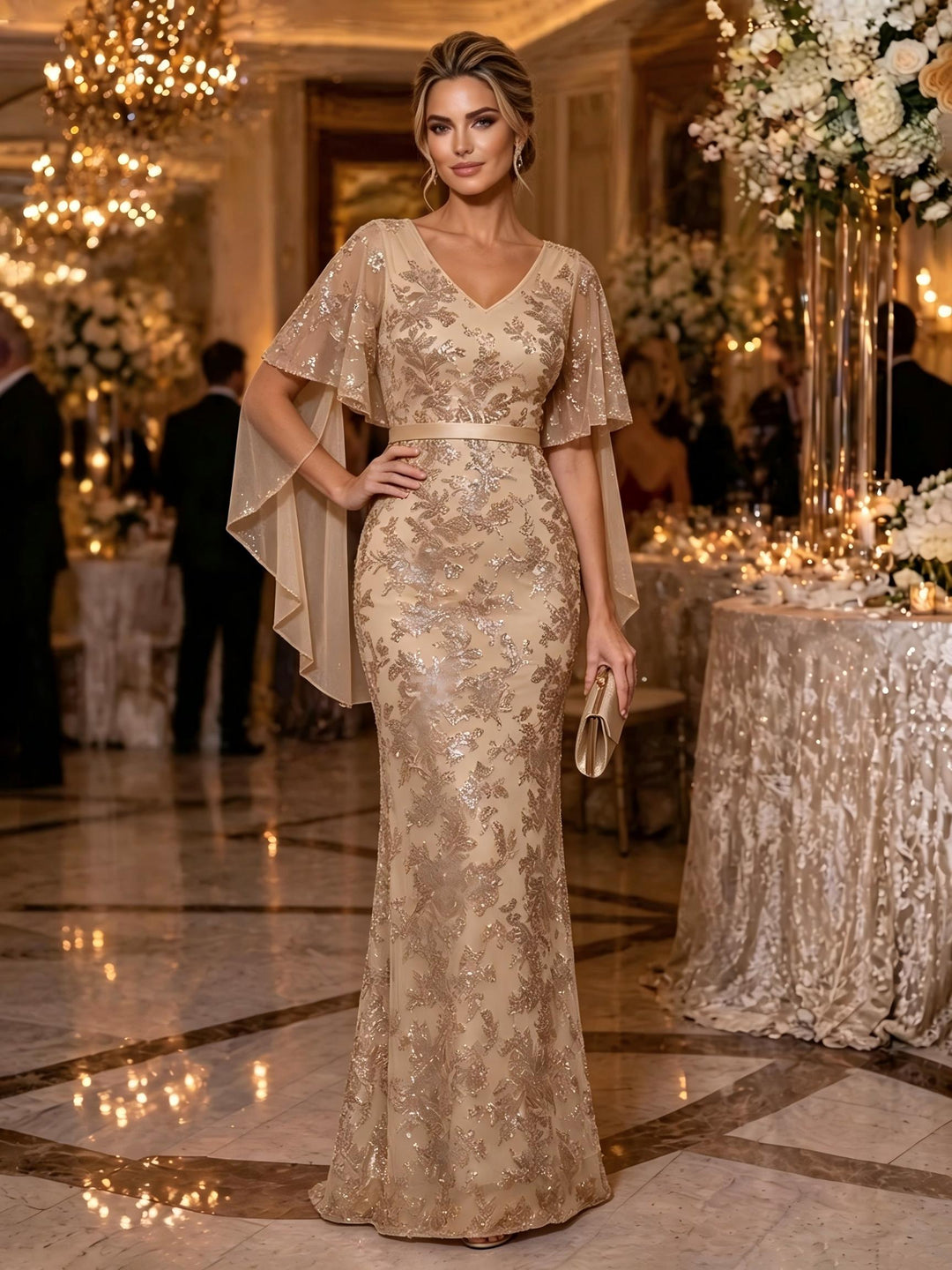 Sequin Floral Mermaid V Neck Glitter Ruched Mother of the Bride Dresses
