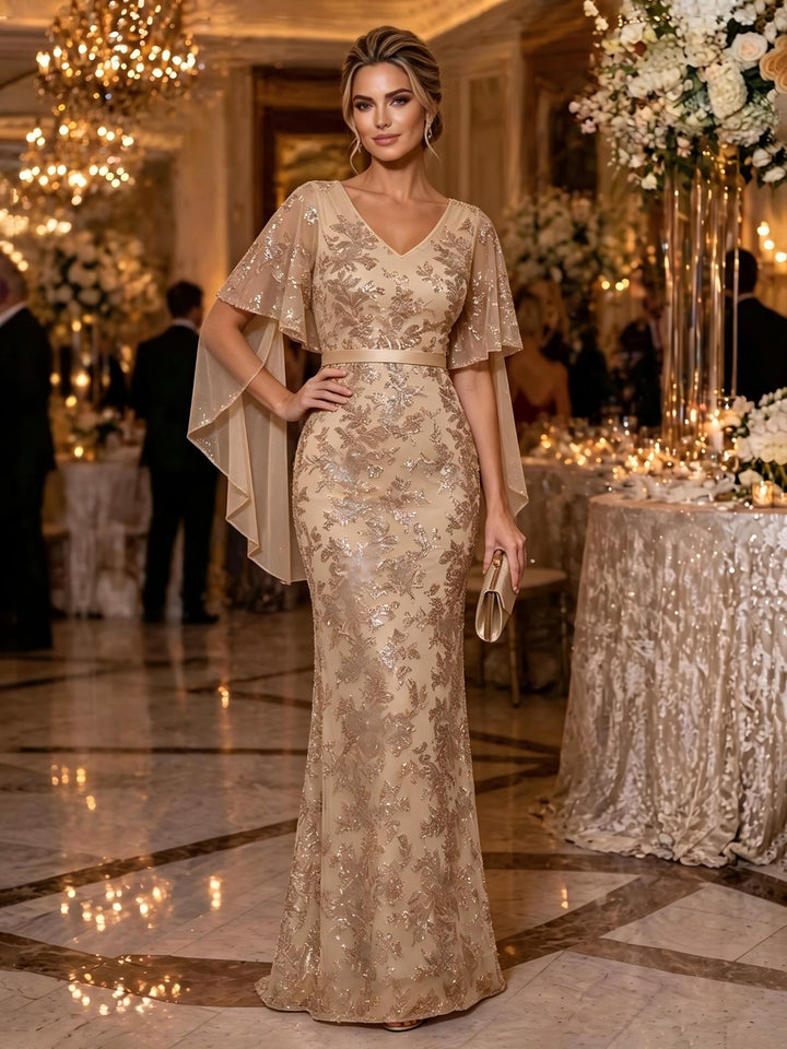 Sequin Floral Mermaid V Neck Glitter Ruched Mother of the Bride Dresses