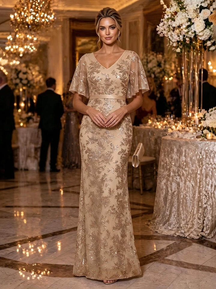 Sequin Floral Mermaid V Neck Glitter Ruched Mother of the Bride Dresses
