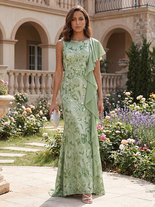 Sequin Floral Mermaid Scoop Neck Ruched Layered Mother of the Bride Dresses