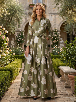 Floral Print A Line V Neck Bow Ruched Mother of the Bride Dresses